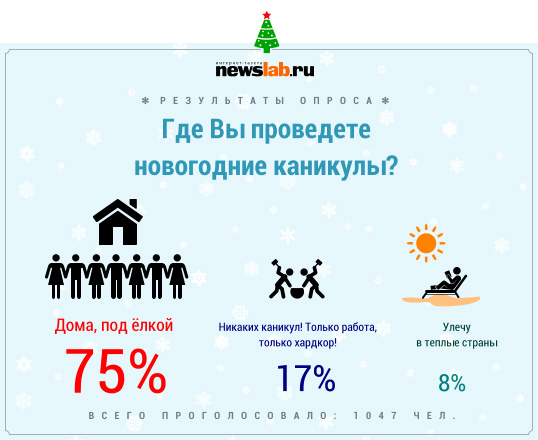 75% участников опроса Newslab.ru проведут новогодние каникулы дома